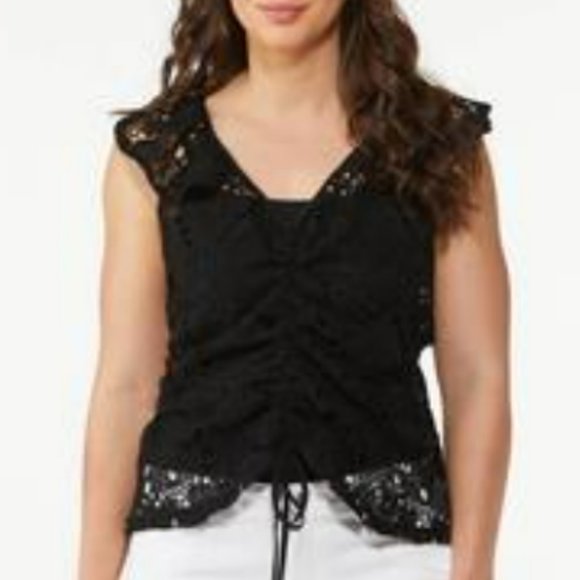 Black Lace Pop Over Top Blouse Ruched Front Size L NWT - Picture 8 of 8